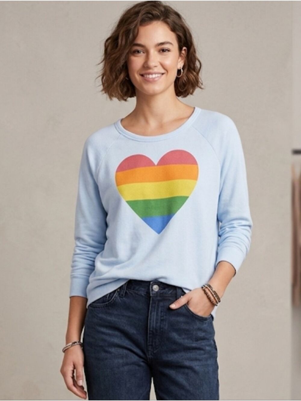 Sundry Light Blue Rainbow Heart Graphic Crewneck Pullover Sweatshirt Relaxed Fit